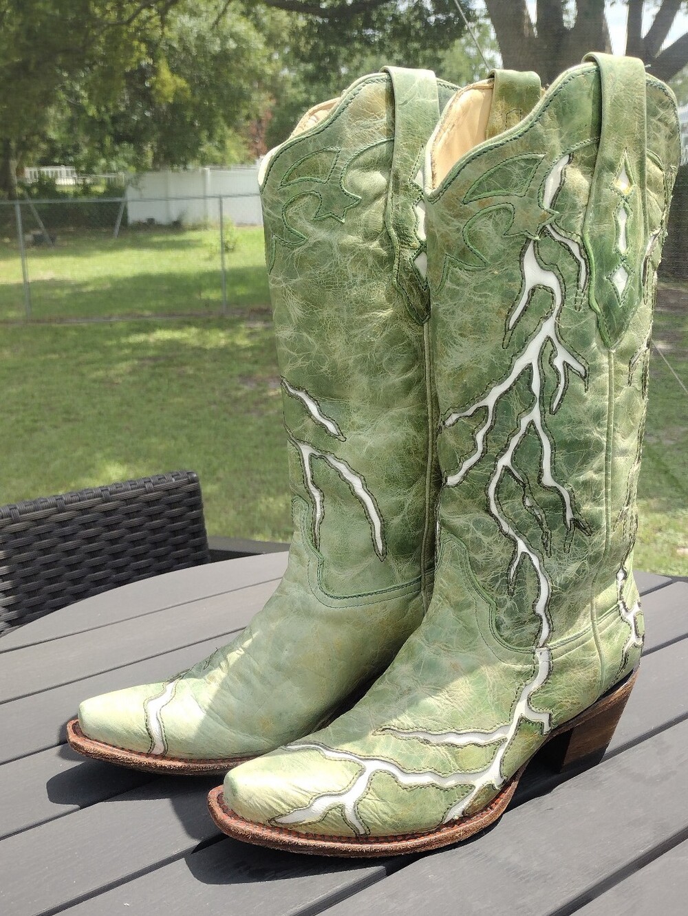 Corral Boots Green & White Lightning Tall Snip Toe Western Boots